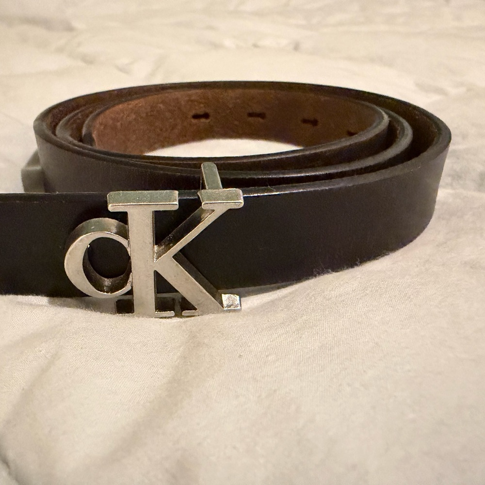 Calvin Klein Black Leather Belt with Silver CK Buckle